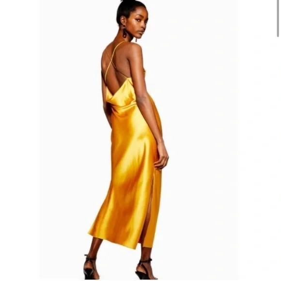 Topshop NWT Gold Orange Cowl Satin Slip On Midi Dress Size 8 - Picture 2 of 13